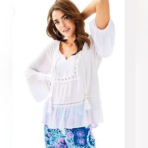 Lilly Pulitzer Amisa Flowy Bell Sleeve Peasant Top Coastal White Medium